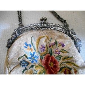 Antique 800 Silver Frame with Winged Angels and Swans, Petit Point Purse